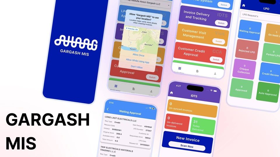 Screens from the Gargash MIS invoice and LPO management app