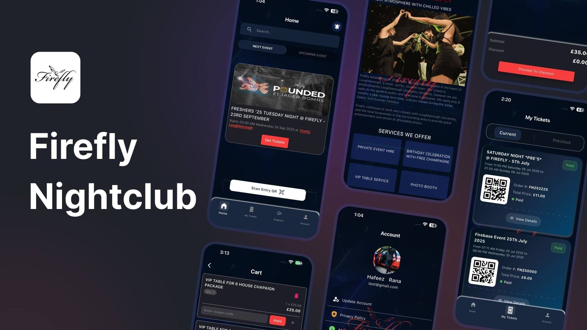 Screens from the Firefly Nightclub ticket booking app